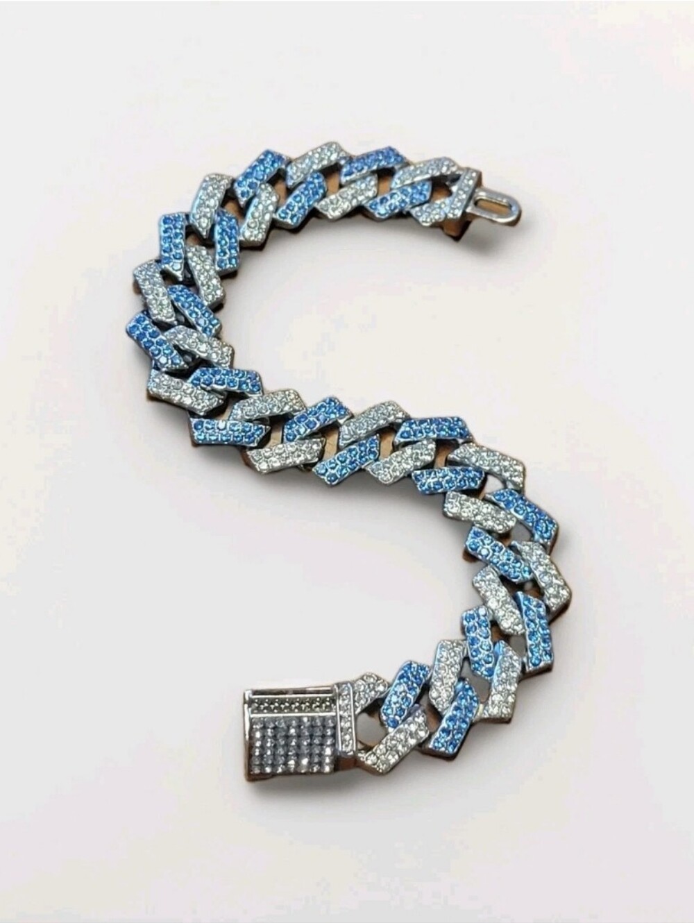 8.5" Miami Cuban Link Bracelet Silver Plated Brass 13mm Thick  BLUE & WHITE